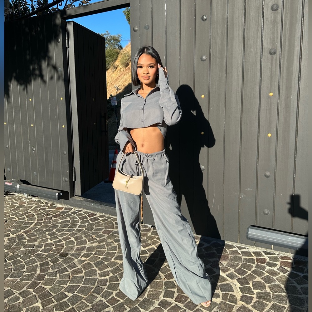 Slate Grey Cropped Shirt & Slate Grey Oversized Drawstring Straight Leg Pants